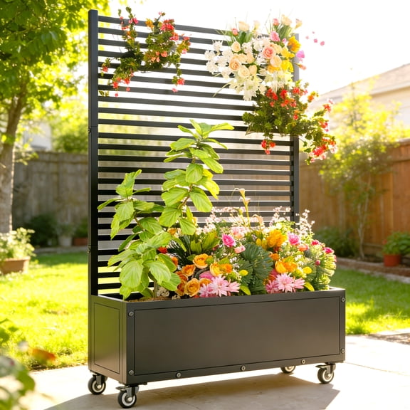 YOHKOH Metal Planter Box with Trellis Privacy Screen, 70.3"x47.2"x14.7" Raised Garden Bed, Lockable Casters & Drainage Holes for Climbing Plants, Patio, Black