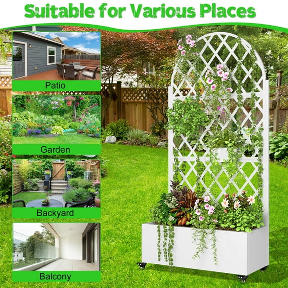 Metal Planter Box with Trellis, Raised Garden Bed with Drainage Hole, Planter Box with Wheels, Privacy Screen, Trellis Planter for Climbing Plants Vegetable Vines Lorelo
