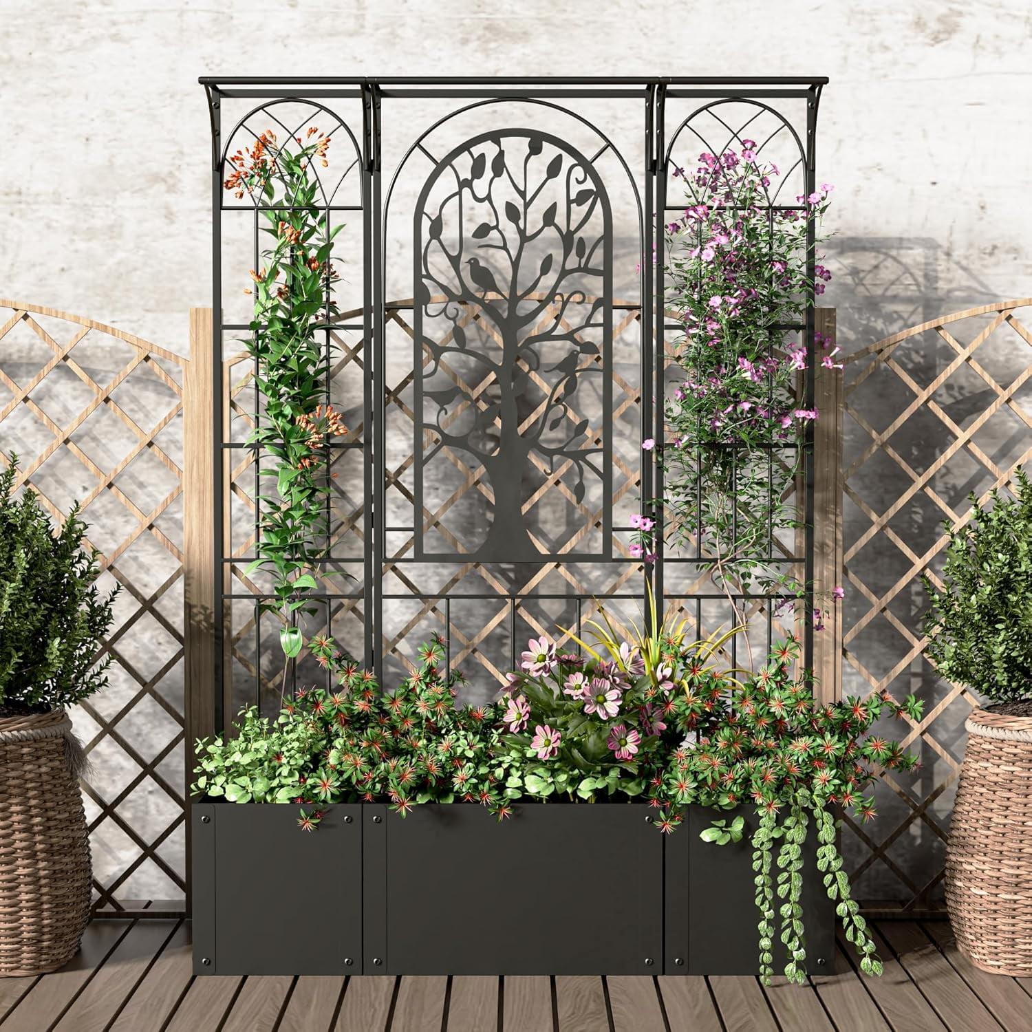 Metal Planter Box with Trellis, Raised Garden Bed with Trellis Privacy