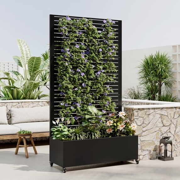 Metal Planter Box with Trellis, 12" Deep Raised Garden Bed with Wheels & Privacy Screen for Climbing Plants