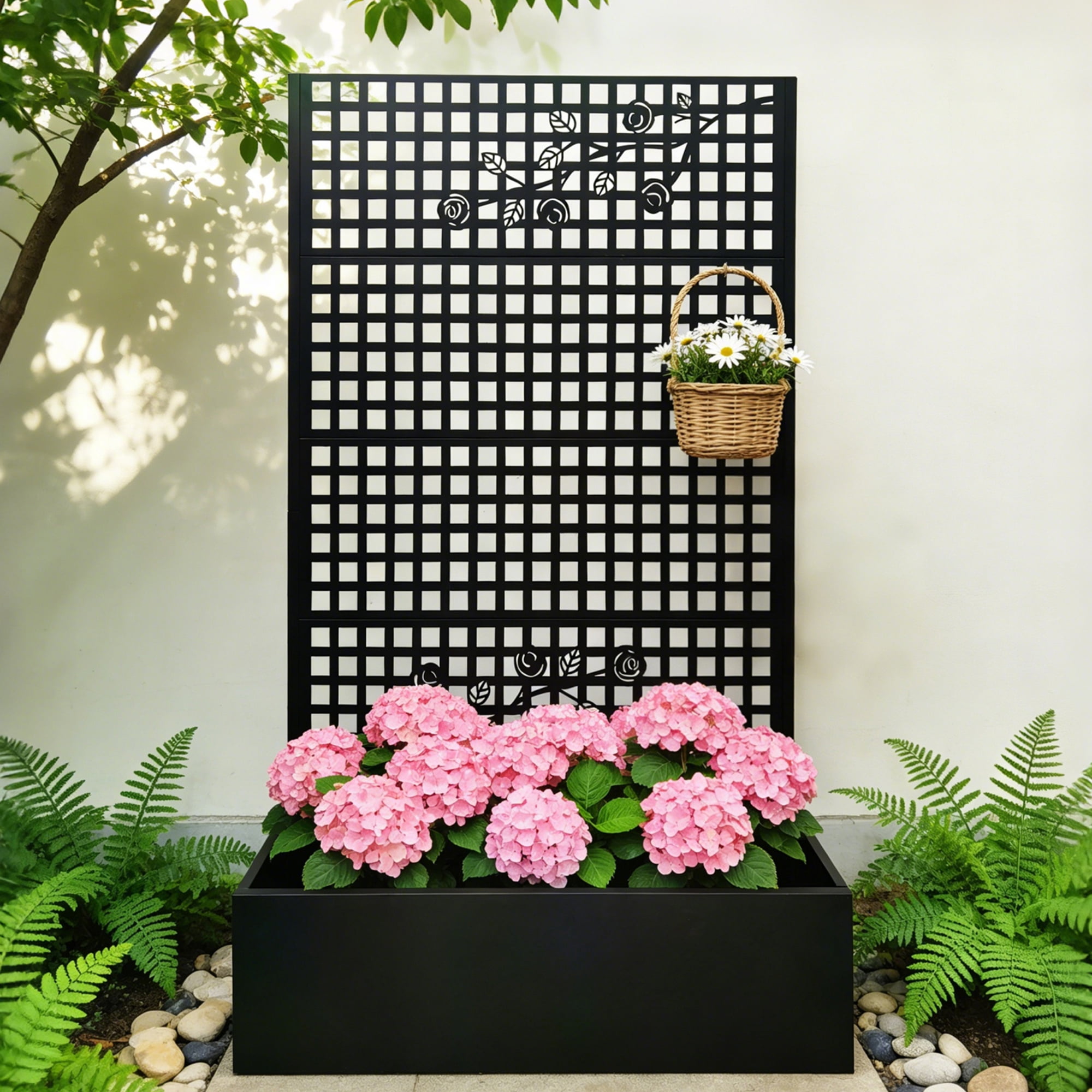 Metal Planter Box with Trellis, 70.9x43.3x15.8 Inch Raised Garden Bed for Patio Decoration Backyard, Rose Black