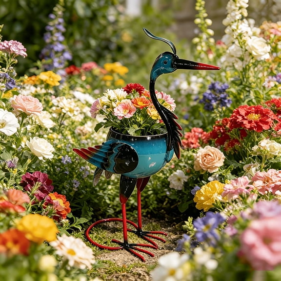 Metal Planter Pot Garden Statue, TOUMENY Standing Bird Flower Planter Outdoor Decor, Rustproof Metal Pot for Patio Yard Backyard Garden Ornament Gift