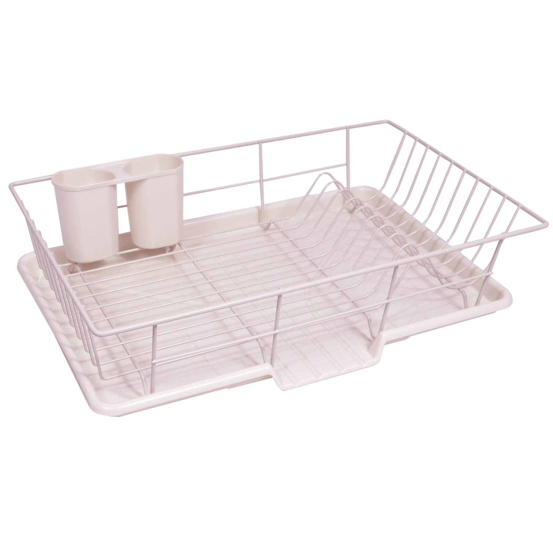 Metal, Plasic 3 Piece Dish Drainer Rack Set with Drying Board and Utensil Holder, 17" x 12" x 5", Beige