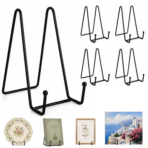KozCoztie Metal Plate Stands for Display 4 Pcs Tabletop Picture Stand, 6 inch Display Stand Iron Easels for Books Photo Creations Black
