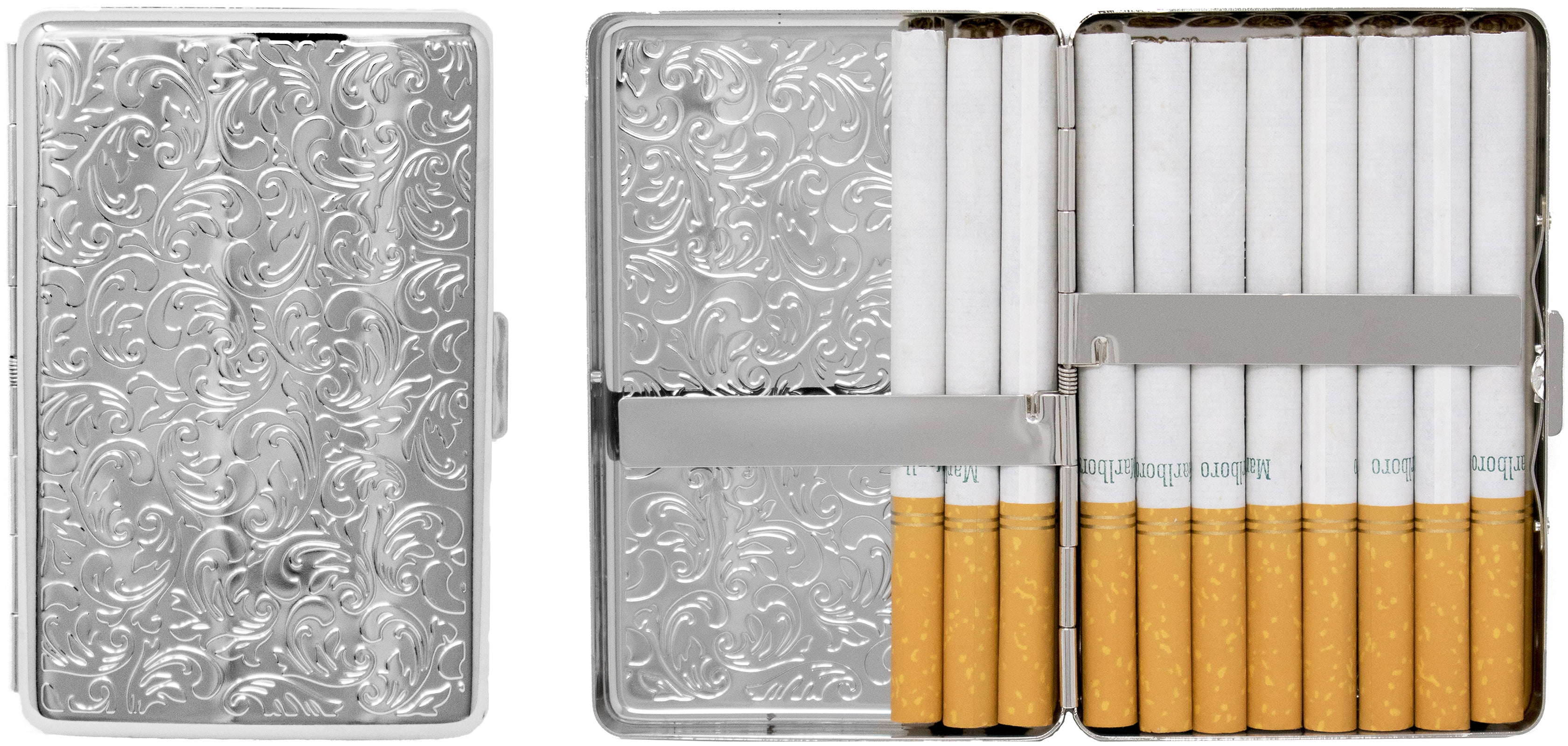 Set of 2 Metal-Plated 100s Compact Cigarette Case & Stash Box (Silver  Victorian Print)