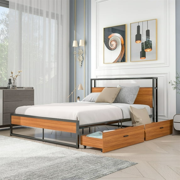 Metal Platform Bed Frame with 2 Drawers, Queen Size Metal Platform Bed with Sockets & USB Ports & 14 Slats Support Platform Bed Frame with Wood Headboard for Kids Adults, No Box Spring Needed, Black
