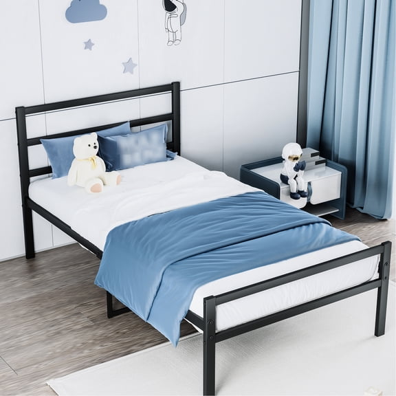 Metal Platform Bed Frame And Headboard, Black - , No Box Spring, Soundless Nighttime Rest Twin With Headboard Stable, Noise-