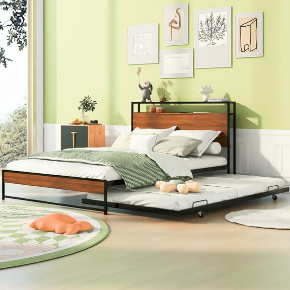 Metal Platform Bed Frame In Black With Trundle, Outlets, And Slat Support For Full Size Bed. Robust No Box Spring Needed Bedroom Interior Style Strong