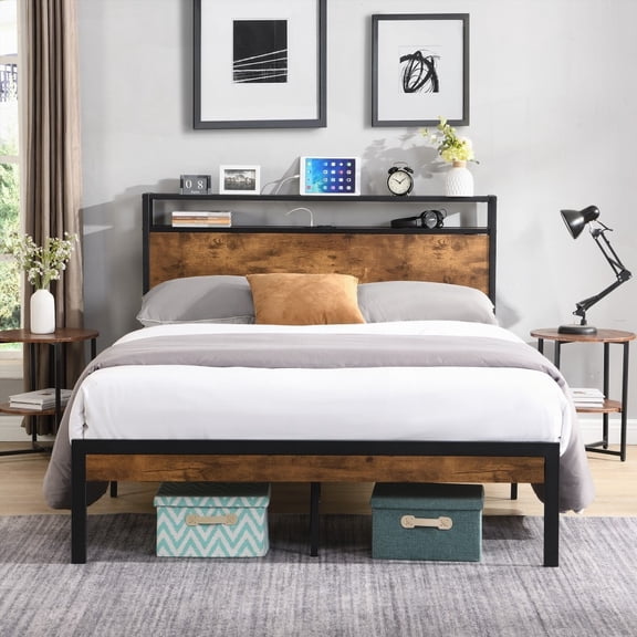 Metal Platform Bed Frame Featuring Wooden Headboard & Footboard & USB LINER, No Box Spring Required, Ample Under Bed Storage, Easy to Assemble
