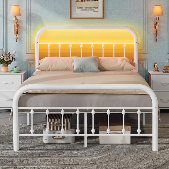 Metal Platform Bed Frame, Full Size Bed Frame with Headboard, Bed Frames with LED Lights and Charging Station, 1500LBS Mattress Foundation, Under Bed Storage, No Box Spring Needed, White