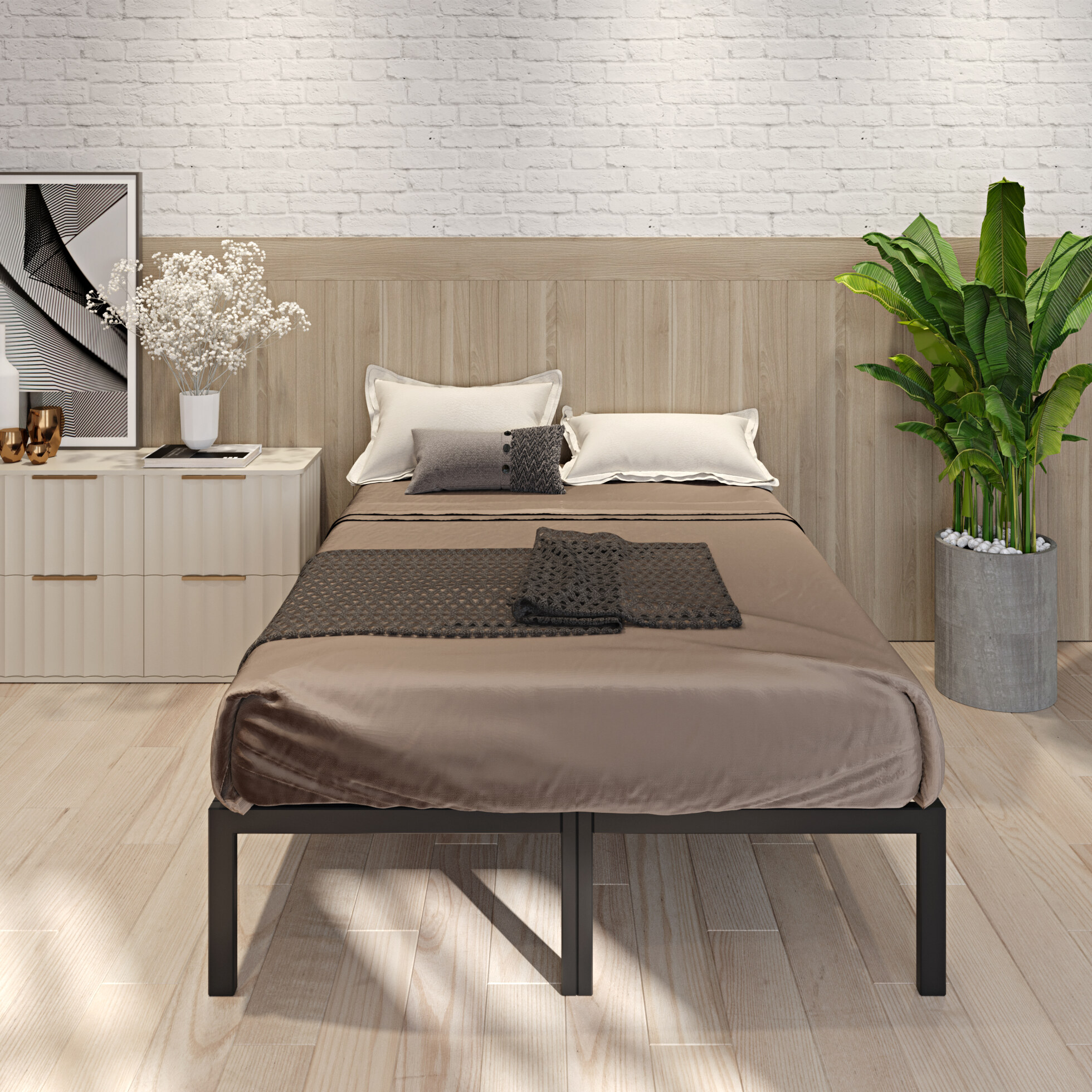 Metal Platform Bed Frame, Full Size Bed Frame with Wood Slats and Under