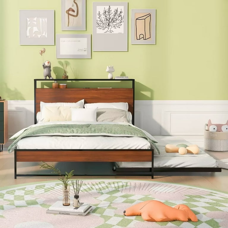 Metal Platform Bed Frame Full Size Platform Bed with Trundle USB