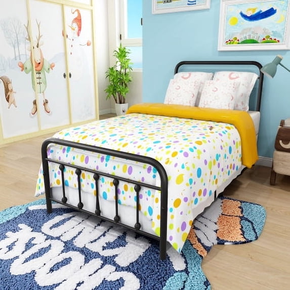 Metal Platform Bed Frame with Headboard&Footboard,Heavy-Duty Steel Slat Support&Easy Set up,12" Under-bed Storage Space,3 sizes, 2 colours- Black (Twin)