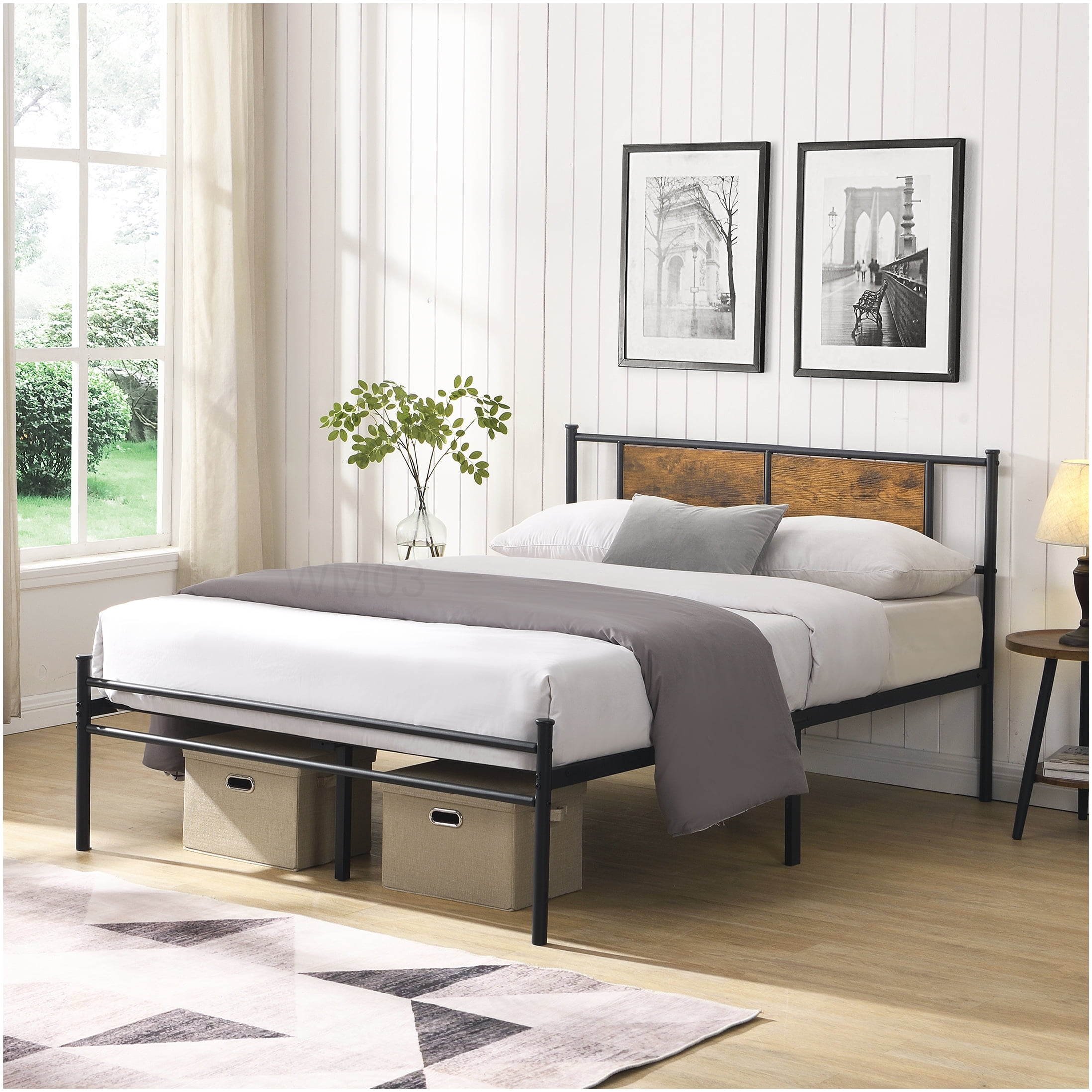 Metal Platform Bed Frame King Size with Wood Headboard and Underbed Storage, No Box Spring, Black Brown