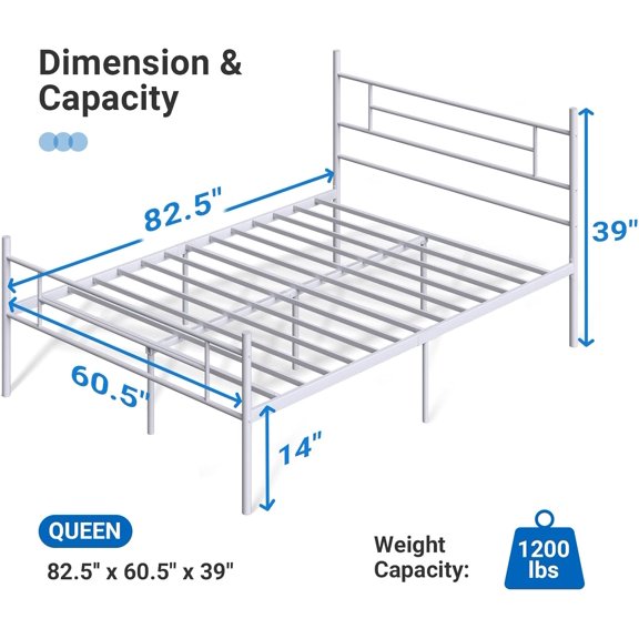 Metal Platform Bed Frame Queen Size with Classical Headboard and Footboard, 14 Inch, Under Bed Storage, Strong Metal Slats Support, Mattress Foundation, No Box Spring Needed