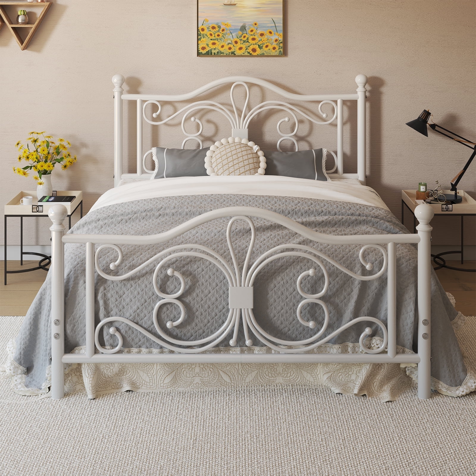 White Metal Queen Bed Frame with Butterfly Design Headboard and Footboard