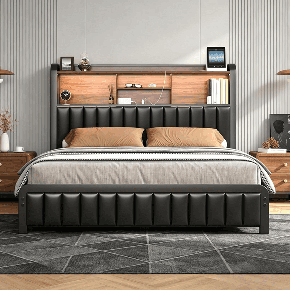 Metal Platform Bed Frame with Storage Headboard and Charging Station, Full Size Bed with LED Lights, Faux Leather Upholstered Footboard, Under-Bed Storage, Noise-Free, No Box Spring Needed, Black