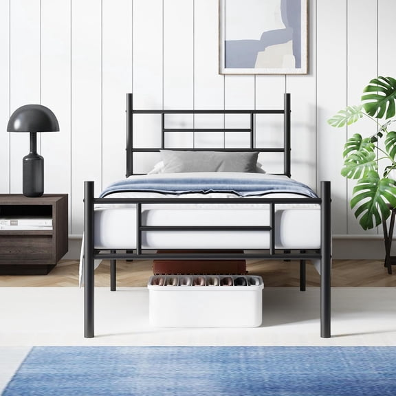 Metal Platform Bed Frame Twin Size with Classical Headboard and Footboard, 14 Inch, Under Bed Storage, Strong Metal Slats Support, Mattress Foundation, No Box Spring Needed