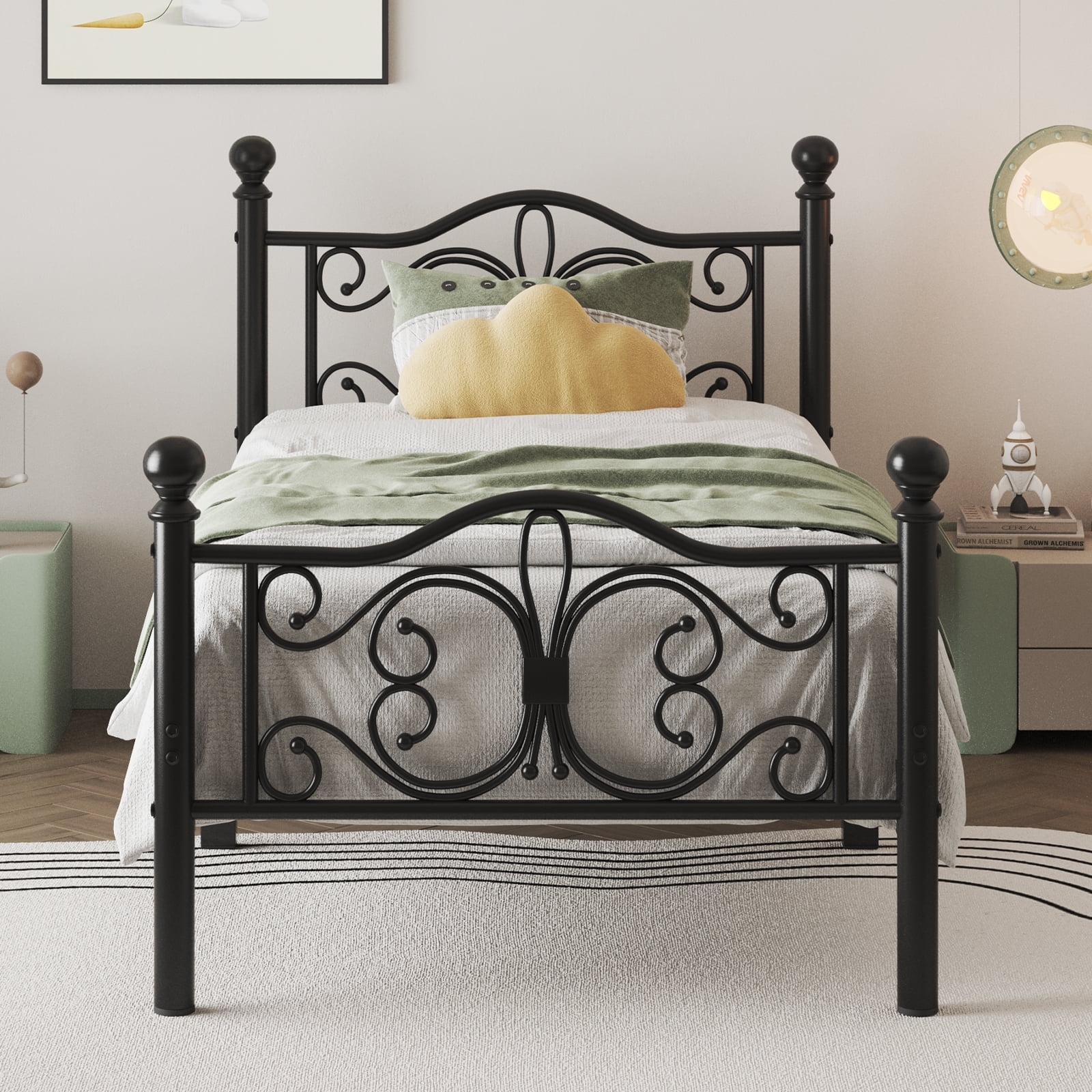 Black Twin Metal Bed Frame with Butterfly Design Headboard