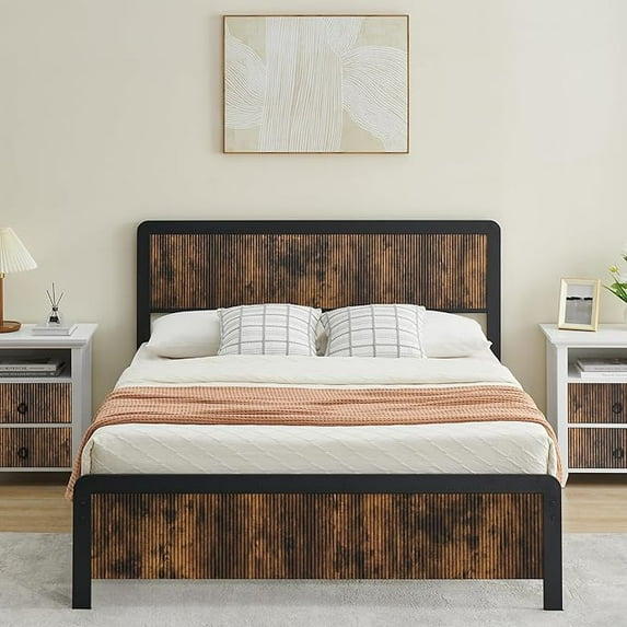 Metal Platform Bed Frame with Wave Wood Headboard & Safe Rounded Corners, Heavy Duty Metal Slats Support, Large Storage, Noise-Free, No Box Spring Needed