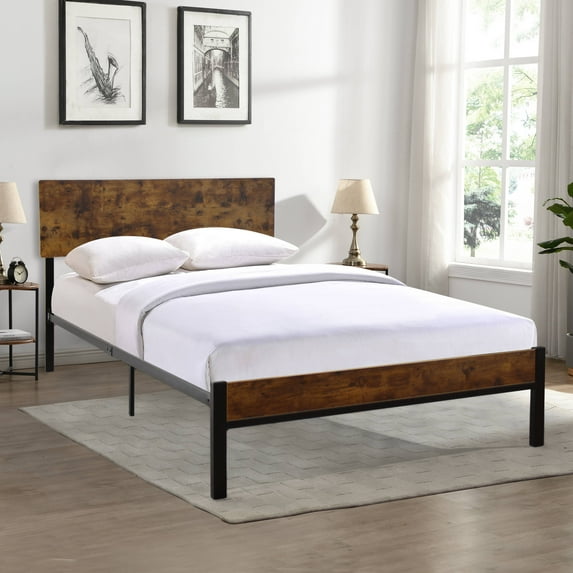 Metal Platform Bed Frame with Wood Headboard and Footboard, Heavy Duty Mattress Foundation with Slat Support, Easy Assembly, Noise-Free, No Box Spring Needed, Twin