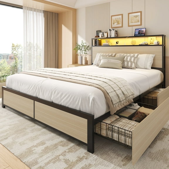Queen Bed Frame with 2-Tier Headboard, Metal Support, USB Port & LED Light, 4 Storage Drawers, Begie