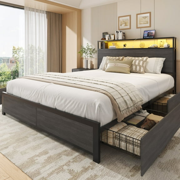 Fluest Queen Bed Frame with 2-Tier Headboard,Metal Support,USB Port & LED Light, 4 Storage Drawers, Grey