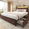 thumbnail image 1 of Fluest Queen Bed Frame with USB Port and LED Light, 2-Tier Storage Headboard, 4 Storage Drawers, Rustic Brown, 1 of 7
