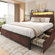 Fluest Queen Bed Frame with USB Port and LED Light, 2-Tier Storage Headboard, 4 Storage Drawers, Rustic Brown