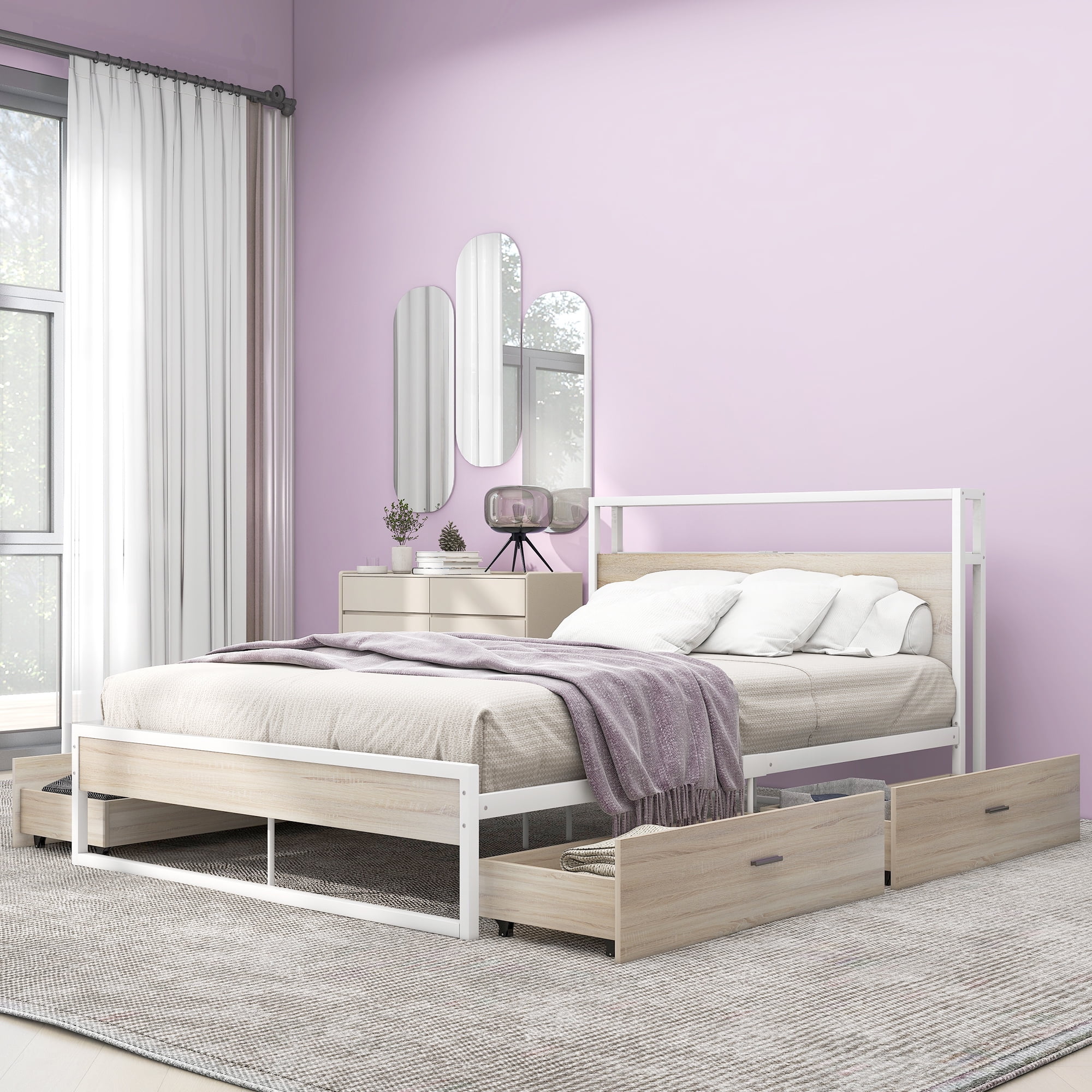 Metal Platform Bed Frame with Four Drawers Sockets and USB Ports Slat