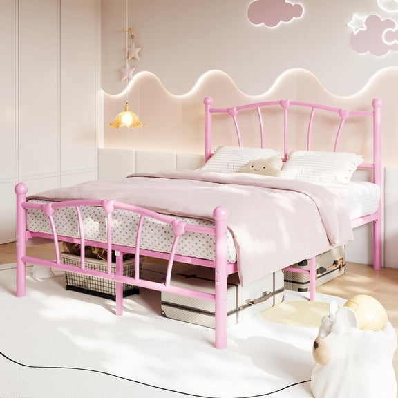 Metal Platform Bed Frame with Heart-Shaped Headboard, Heavy Duty Underbed Storage, No Box Spring