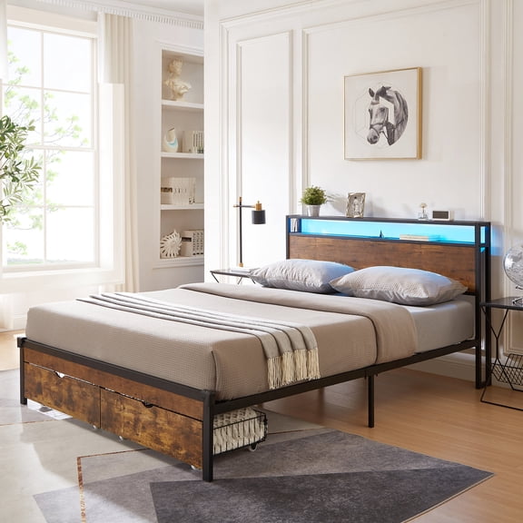 Metal Platform Bed Frame with Lighting & Storage / Comfortable Bedroom with Ample Storage
