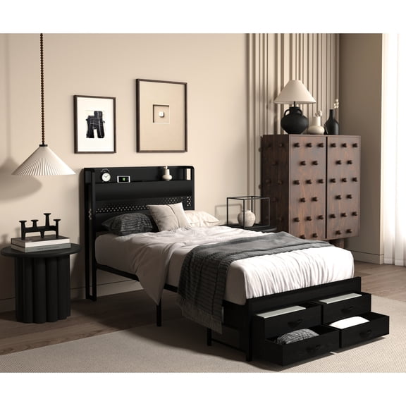 Metal Platform Bed Twin Size With Storage And Charging - Modern Bedroom Solution Frame Headboard Options Personalize Decor