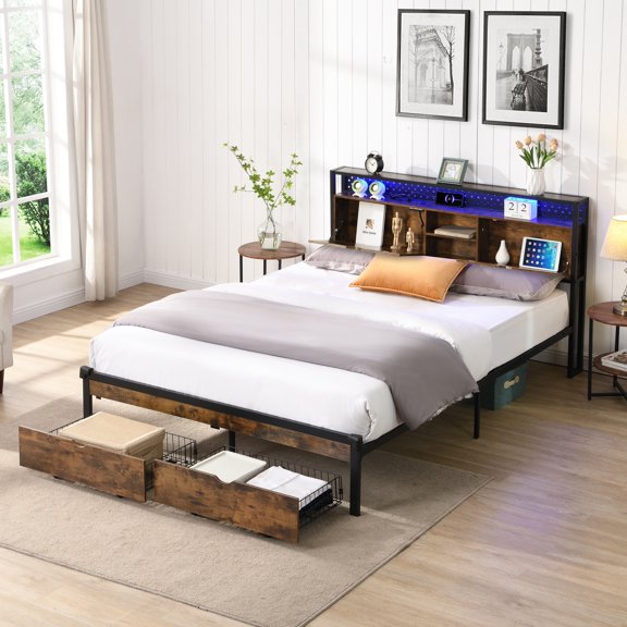 Metal Platform Bed With Wooden Headboard, Charging Feature, 2 Drawer Storages, Led Lights, No Box Spring Needed, Easy To Put Together, 54.78 In. Measurement Frame Featuring Charging, Effortless