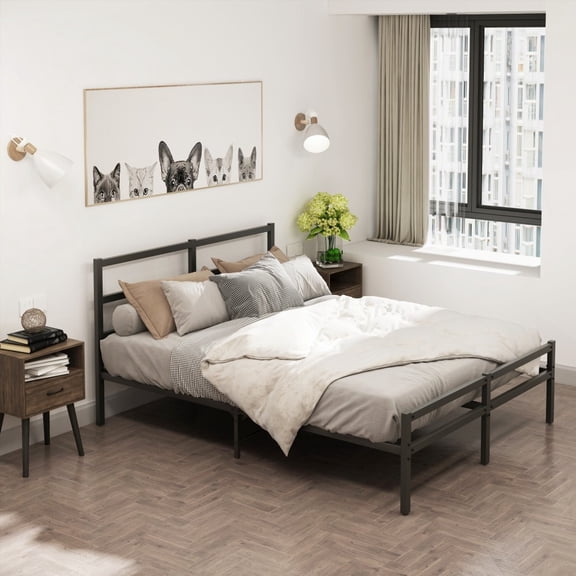 Metal Platform Bed with Headboard - No Box Spring, Queen