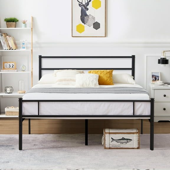 Metal Platform Full Bed Frame/Bed, Box Spring Replacement w/ Headboard