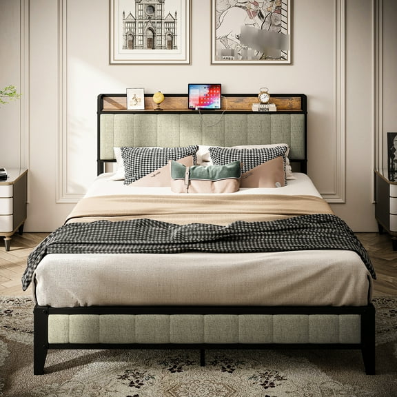 Metal Platform Full Size Bed With Charging Station & Upholstered Grey Headboard Frame Headboard, Charging, Gray Satin