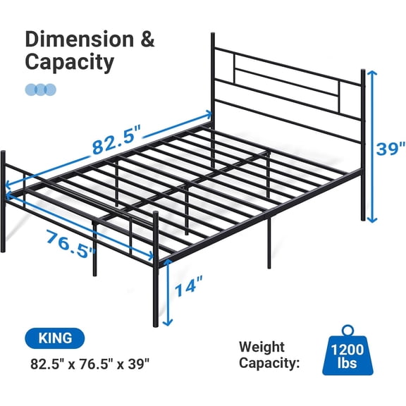 Metal Platform King Size Bed Frame with Classical Headboard Footboard, 14 Inch Bed-Frame, Adequate Under Bed Storage, Strong Metal Slats Support, Mattress Foundation, No Box Spring Needed