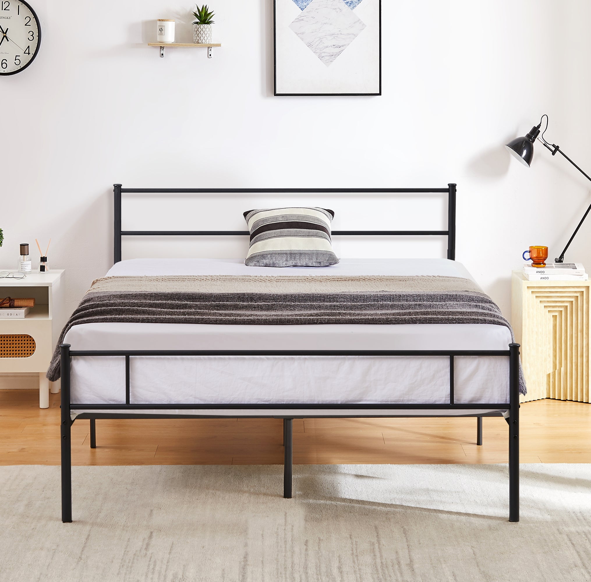 Vecelo Queen Size Metal Bed Frame with Headboard, Iron Platform Bed ...