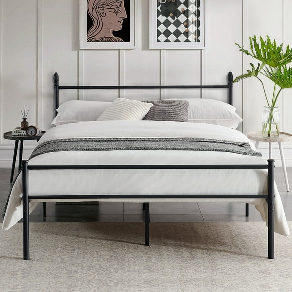Metal Platform Queen Bed Frame /Bed, Box Spring Replacement with Headboard