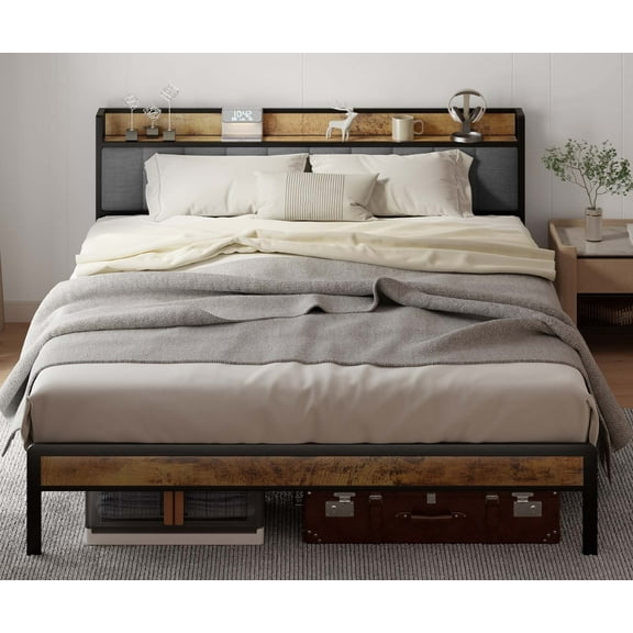 Metal Platform Queen Bed Frame with Storage Headboard–Durable and Stylish for Adults, Dark Grey