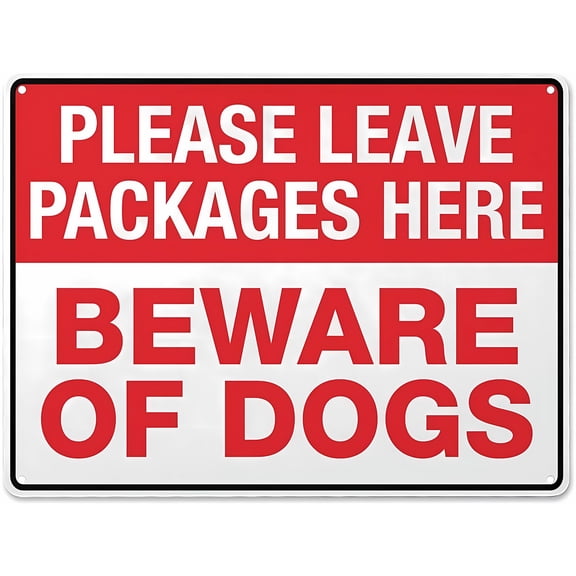 Metal Please Leave Packages Here Beware Of Dogs Sign - 12×8 Inches, Rust-Free Aluminum UV-Protected, Waterproof Pre-Drilled Holes Decor