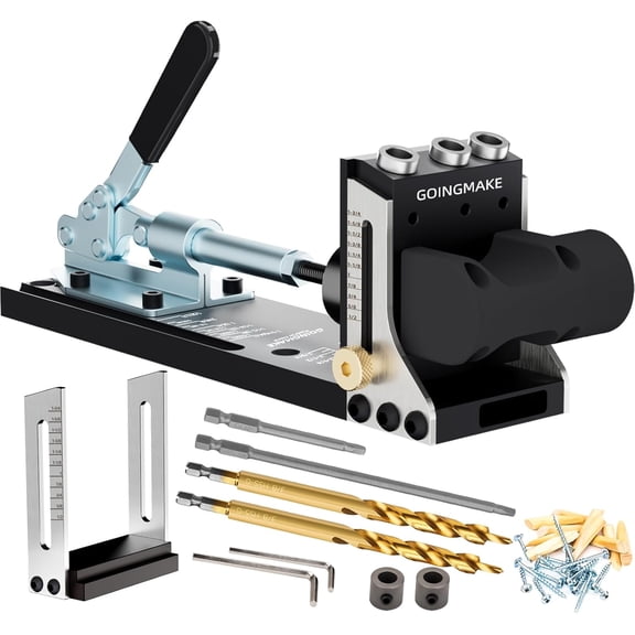 All Metal Pocket Hole Jig Kit with Quick Clamp and Dust Collection Easy Use 3 Holes Pocket Hole Screw Jig System 3/8 Inch Accurate Adjustable Drill Guide with Accessories Woodworking Tool