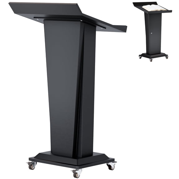 STICCIO Podium Stand with Wheels, 44.88 in Metal Lectern with Lockable Storage Cabinet, Slanted Top Rolling Pulpit for Classroom and Church