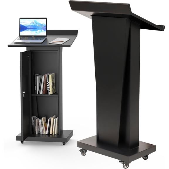 Metal Podium Stand With Wheels Heavy Duty Rolling Lectern Desktop Table Featuring Locking Universal Casters Raised Edge Stopper For Classroom Church Office Auditorium Conference Presentation Black