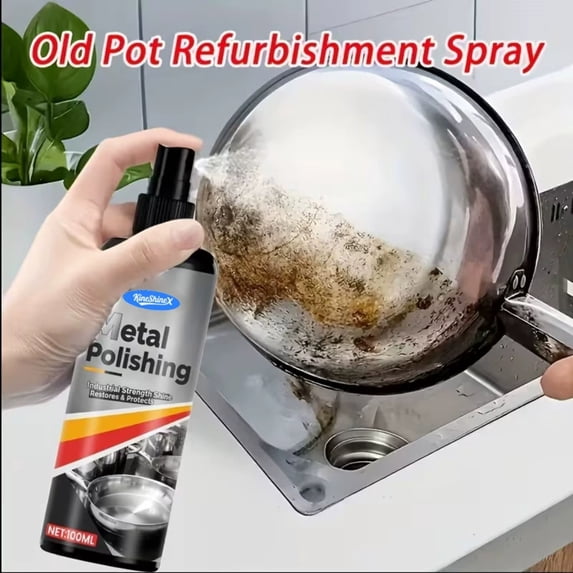 Metal Polish & Pot Bottom Black Remover, 100ml Kitchen Cleaner Spray with Free Microfiber Towel, Removes Burnt Grease & Stains for Pots, Pans & Metal Surfaces