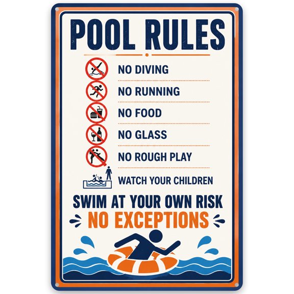 Metal Pool Rules Sign - Iron Wall Decor for Poolside Display, 8x12 Inches, Vintage Style, Easy Hanging, Indoor/Outdoor Weather Resistant, Swim Safety Reminder Plaque for Home Decor