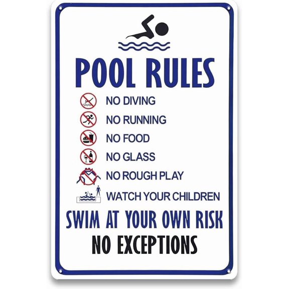 Metal Pool Rules Signs Outdoor - Swim at Your Own Risk Sign, Swimming Pool Sign for Outside, Backyard, Pool Room Wall Decor Accessories, Pool Safety Signs, 8 x 12 inch