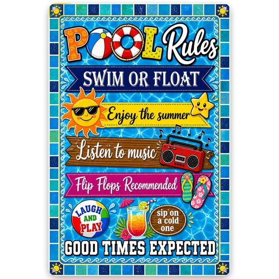 Metal Pool Rules Wall Decor Sign 8x12 Inch - Summer Theme with Swim and Float, Enjoy the Sun, Music, Flip Flops, and Cold Drinks - Indoor Outdoor Rustic Vintage Style Decoration