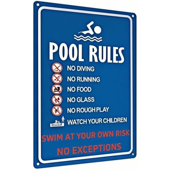 Metal Pool Safety Sign Swim at Your Own Risk No Diving No Running Weatherproof Outdoor Sign for Pools Beaches Water Parks 8x12 Inches